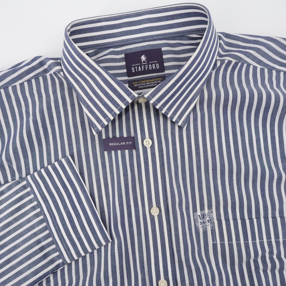 NEW Stafford Striped Regular Fit Button Down Blue Long Sleeve Mens 17.5 34-35 XL